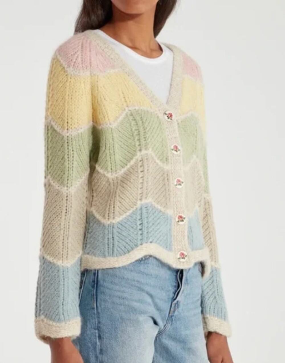 Loveshackfancy Deena Alpaca Wool Rainbow Pastel Zig Zag Cardigan Womens Small